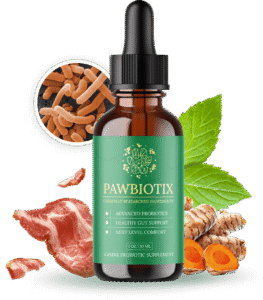 Pawbiotix dosage for dogs reviews with probiotic dog supplement bottle and happy healthy dog sitting beside it.
