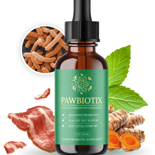 Pawbiotix dosage for dogs reviews with probiotic dog supplement bottle and happy healthy dog sitting beside it.